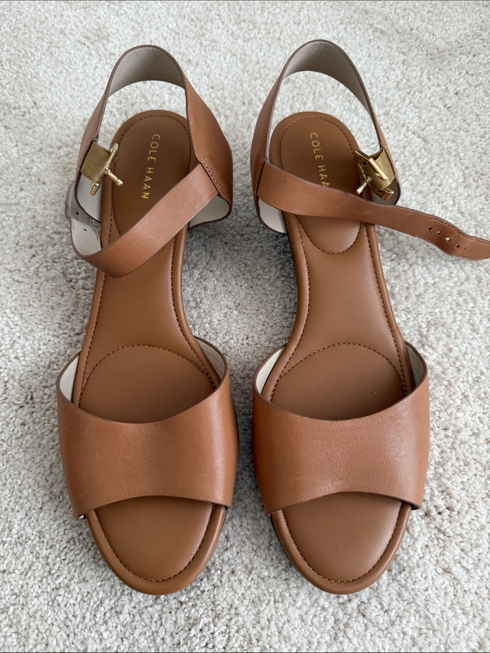 Cole Haan Tan Leather Open-Toe Ankle-Strap Sandals with Gold Buckles